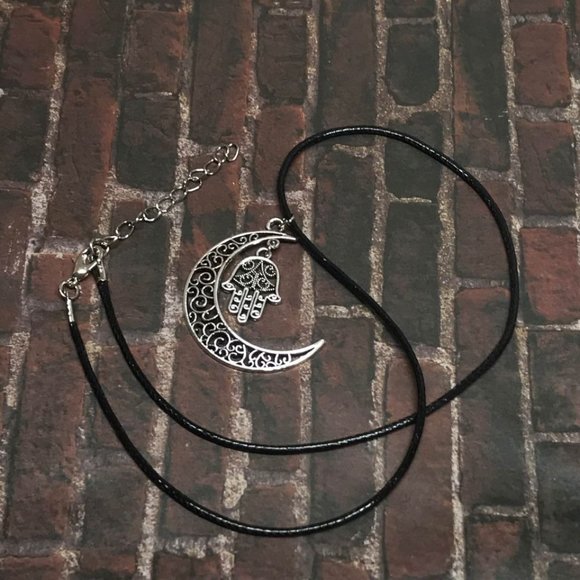 Filigree Crescent Moon Hamsa Hand Necklace Hindu - Picture 3 of 7